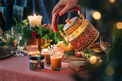 Vintage Style Hand - painted Kettle, Masala Chai Jar and 4 Chai Glasses - Mandira's Kitchen