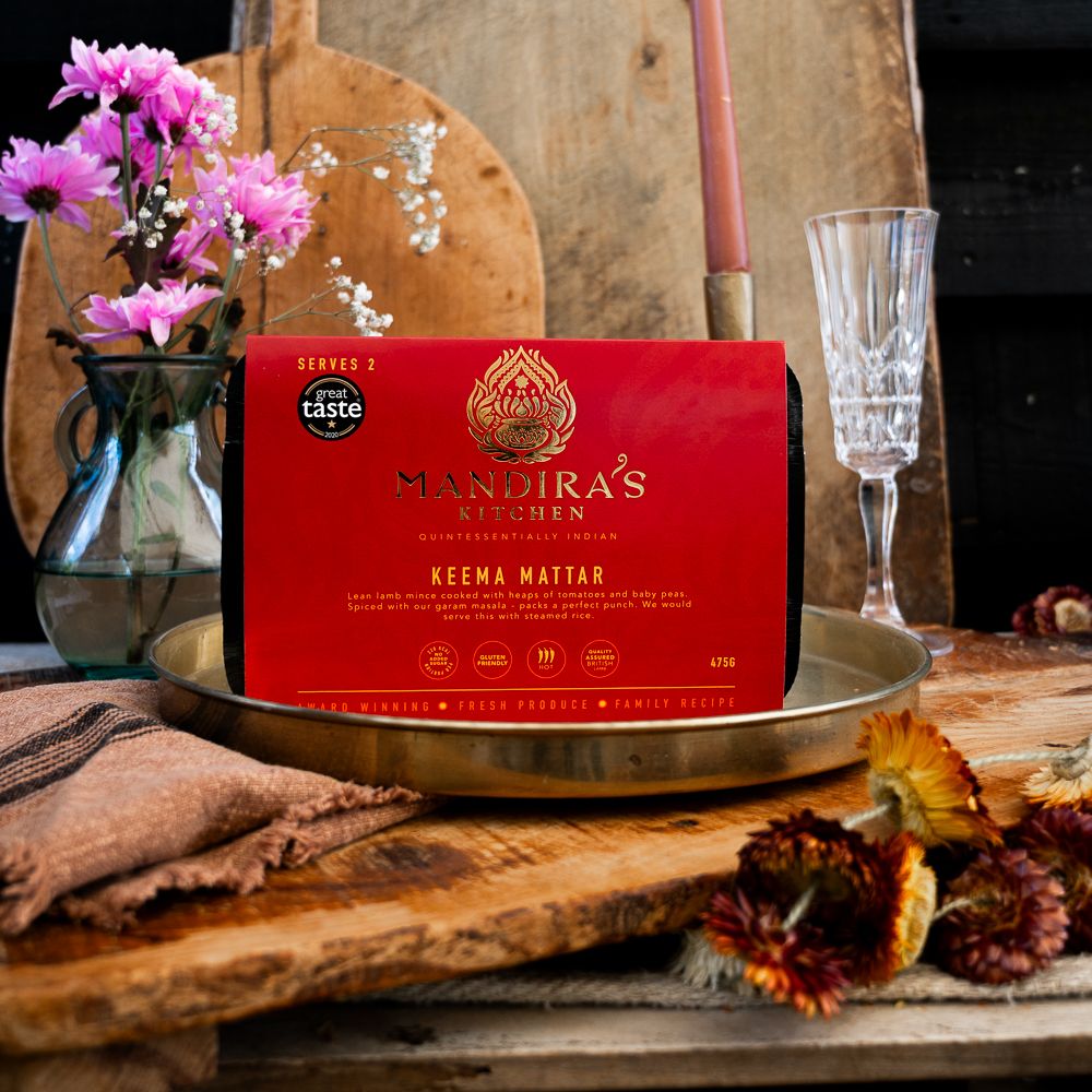 Mandira's ready meal box on a brass tray