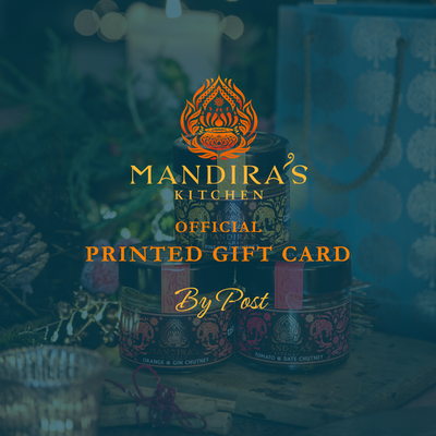 Printed gift card for Mandira's Kitchen