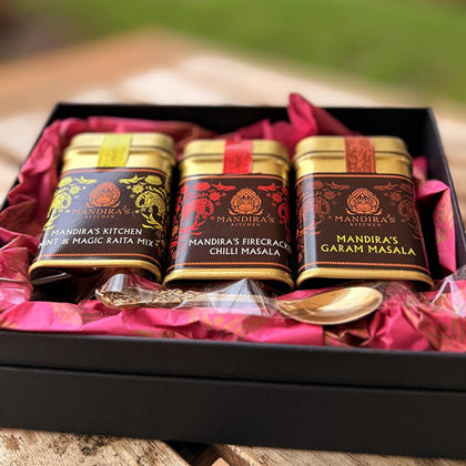 Garam Masala, Chili Masala and Raita - Trio of Spice Tin Set - Gift Box - Mandira's Kitchen