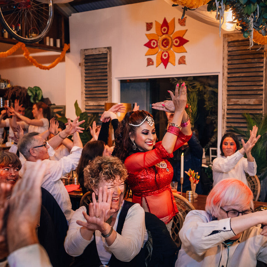 An evening event in full swing in the barn at Mandira's Kitchen