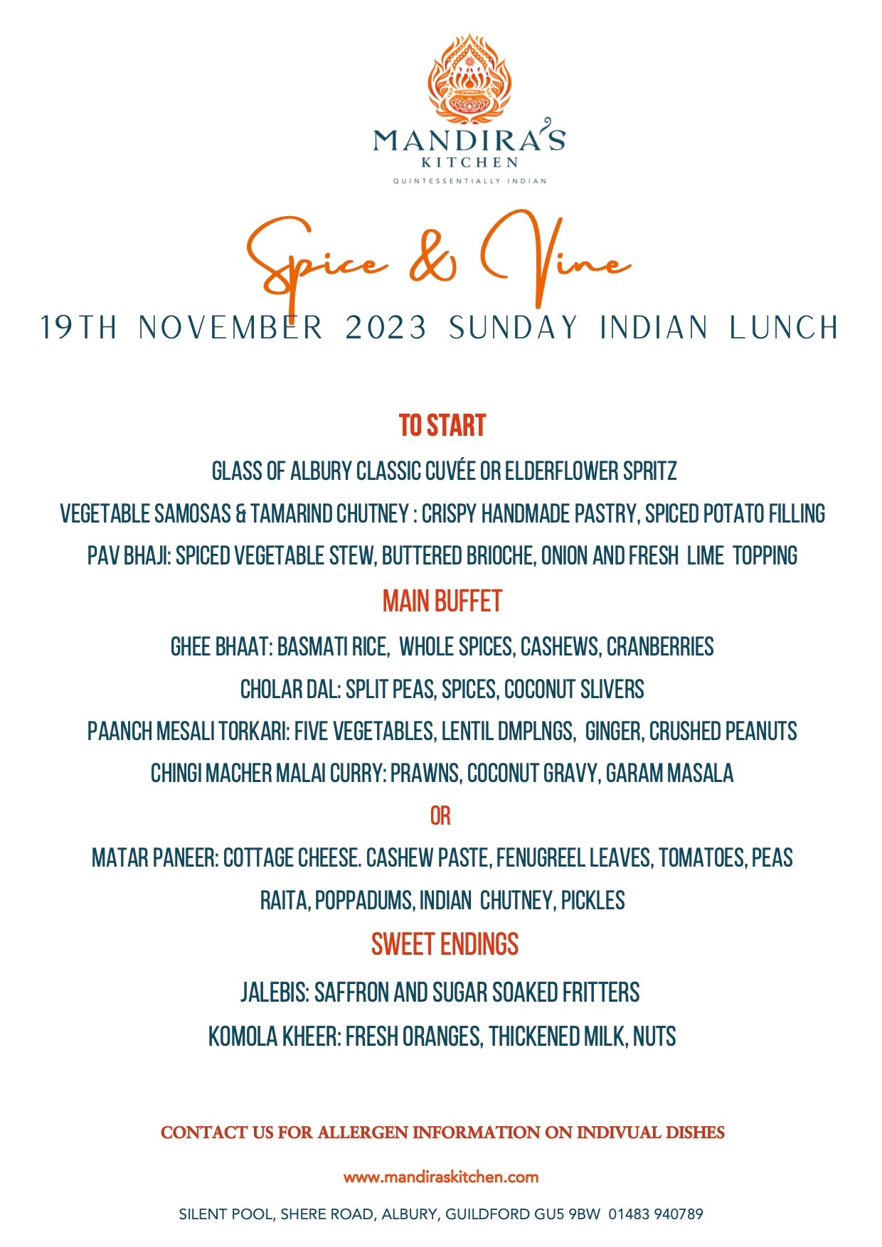 Spice & Vine - 19th November 2023 - Indian Sunday Lunch