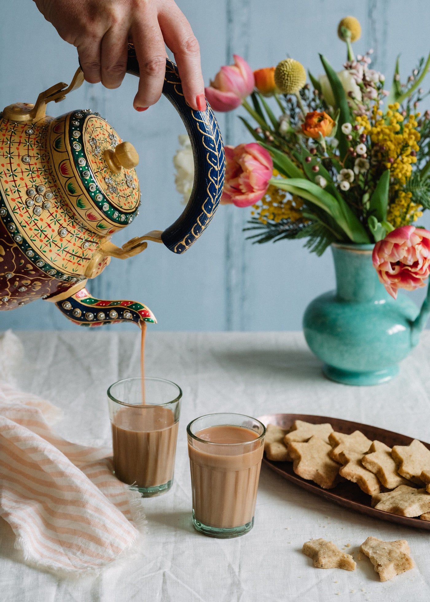 Vintage Hand-painted Kettle with Chai Glasses & Chai Mix