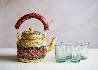Vintage Style Hand-painted Kettle, Masala Chai Jar and 4 Chai Glasses
